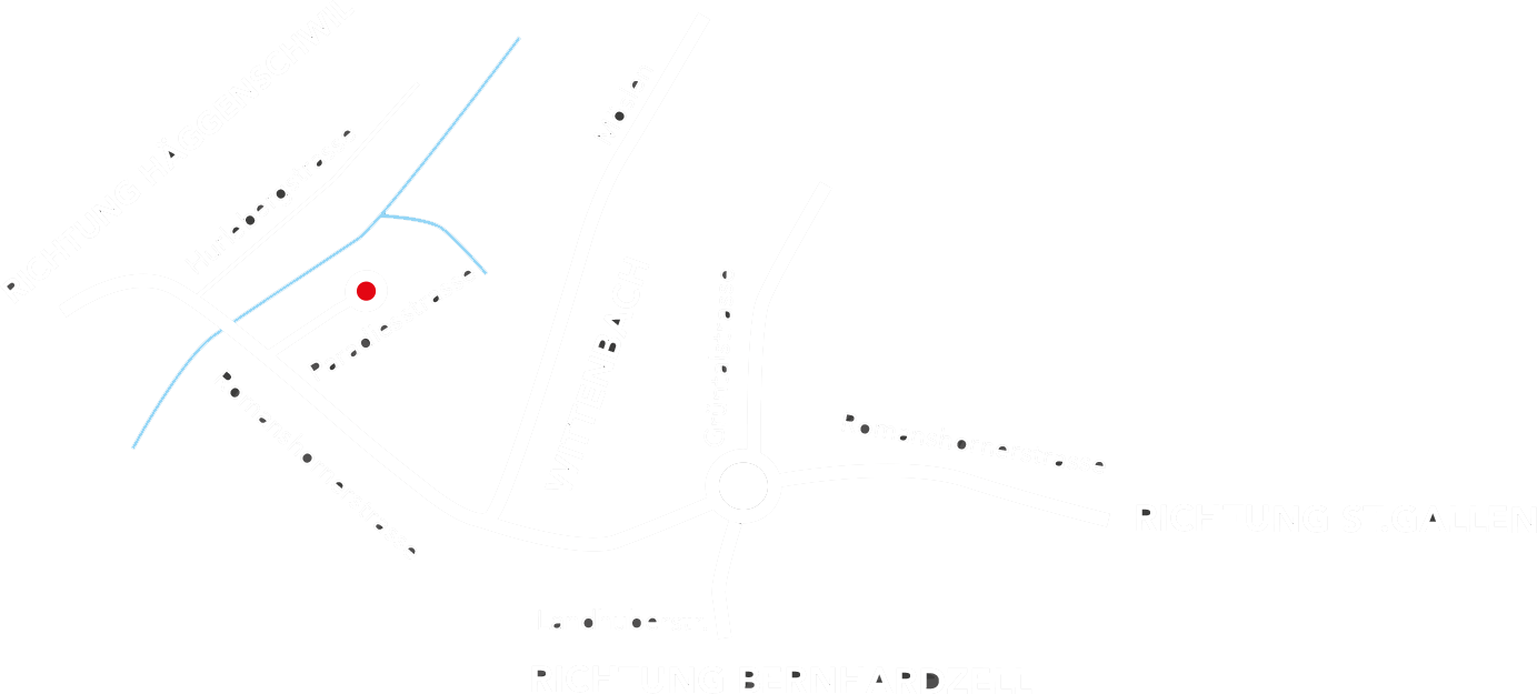 Anfahrtsskizze: Paradiesstrasse in Wittenbach, mit den Richtungen St. Gallen, Bernhardzell und Häggenschwil
